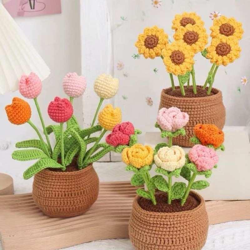 钩针花束成品编织郁金香小雏菊盆栽毛线花钩织摆件花送人一件
