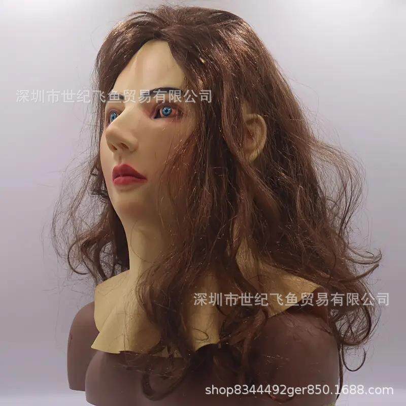 美女面具长发假发万圣节人脸仿真轻现人脸年胶乳面罩表演无品牌/