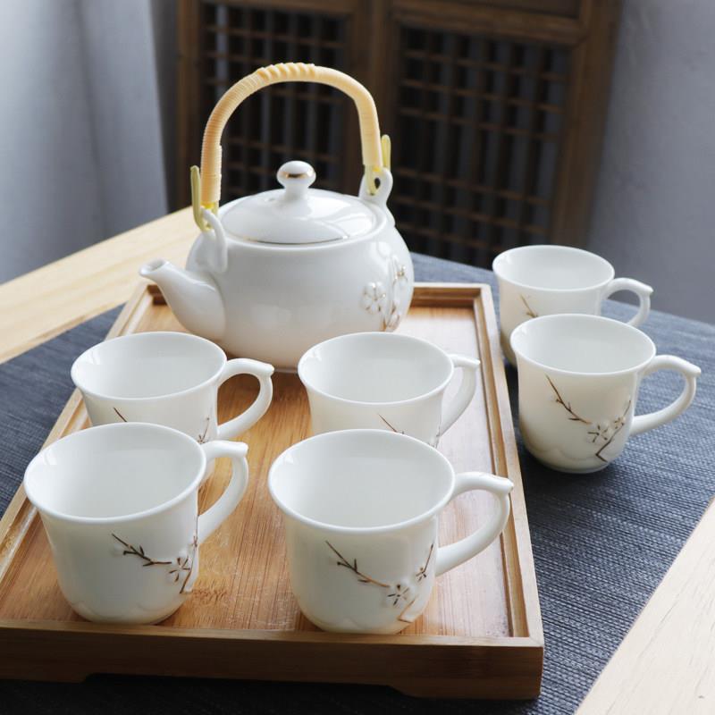 手绘描金陶瓷茶具组 骨瓷大容量现代简约中式茶具七件组
