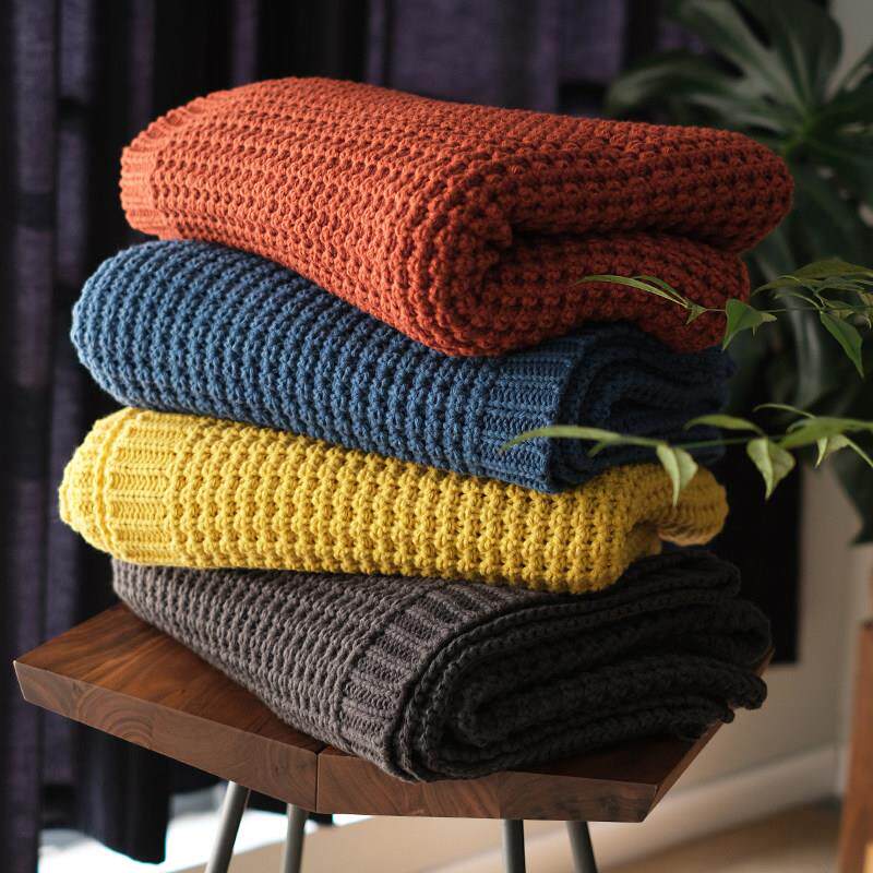 秋冬针织沙发装饰毯北欧风姜黄色毛毯单人休闲毯包邮新款民宿搭巾