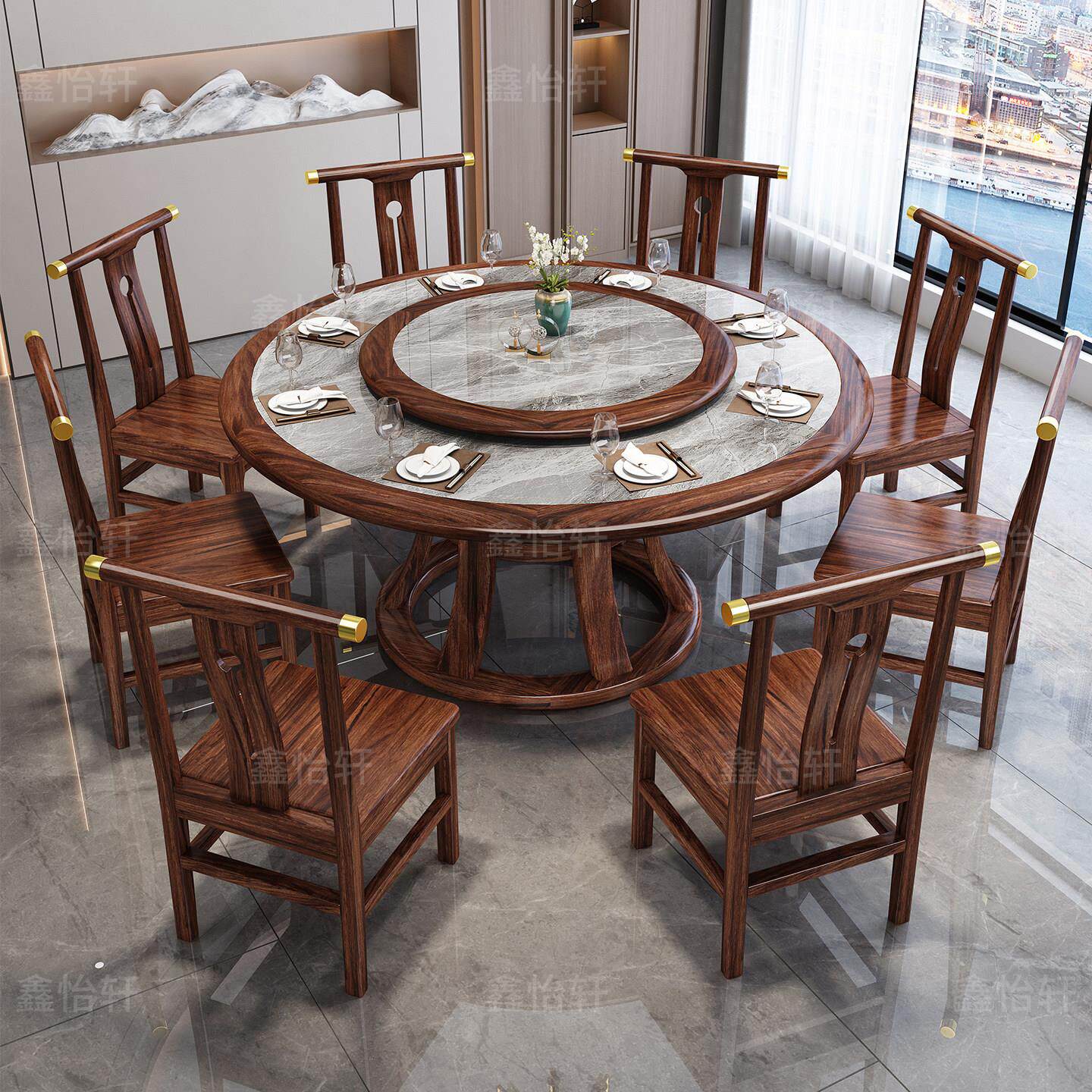 新中式全实木餐桌椅组合家用岩板吃饭桌子小户型乌金木圆形大圆桌