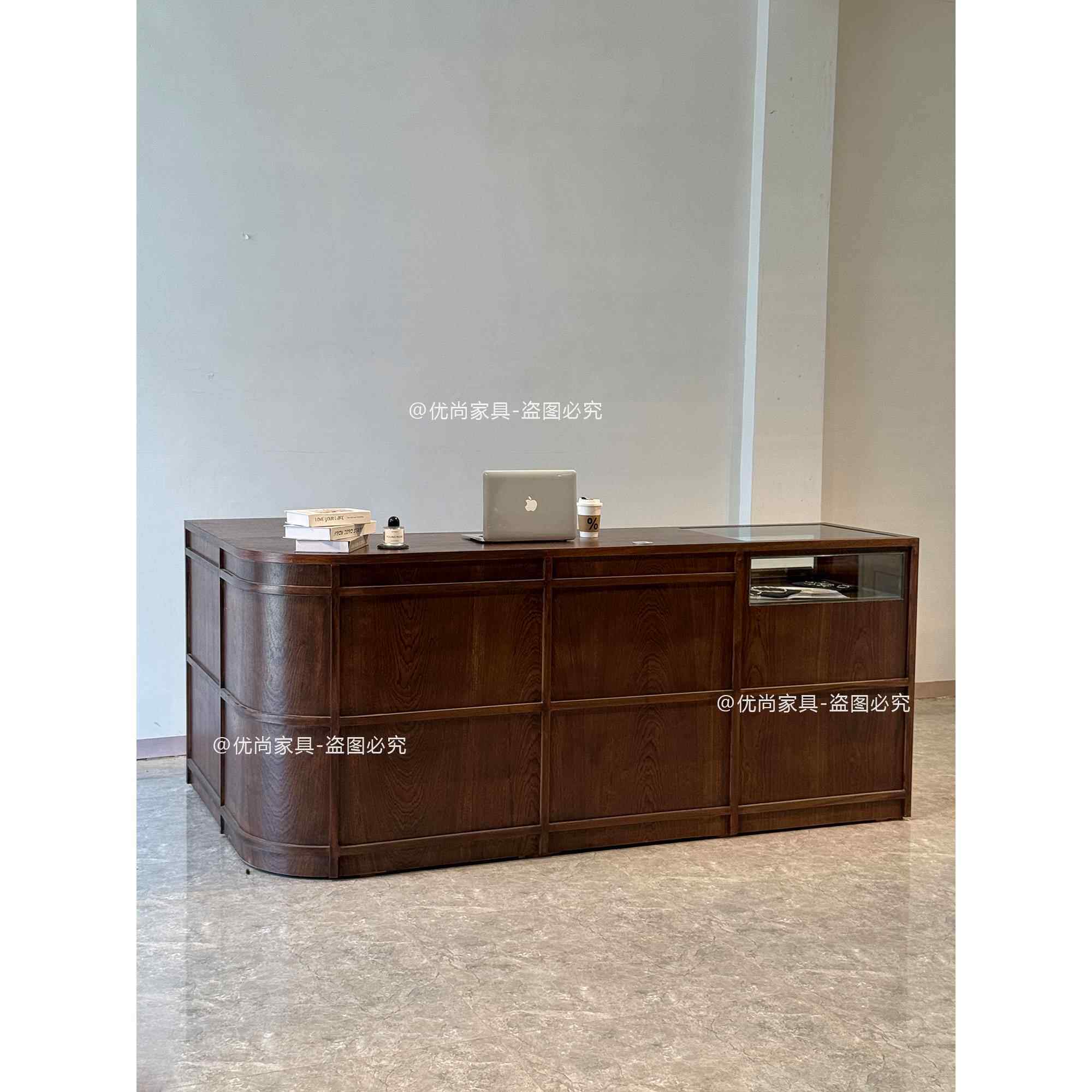 深胡桃色转角吧台收银台服装店烤漆前台接待台店铺小型餐饮店柜台