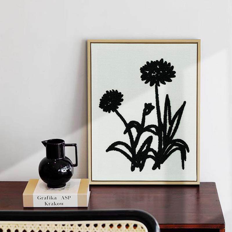 北欧简约植物黑白风格屋内装饰画客厅纯手工刺绣工艺画文创产品