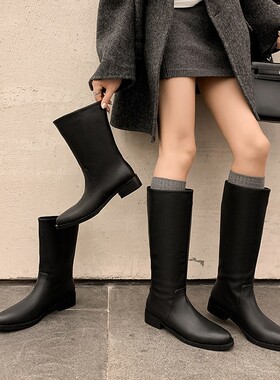 【意大利】René Vanvilla显瘦不过膝?粗跟3.5cm 高筒真皮骑士靴