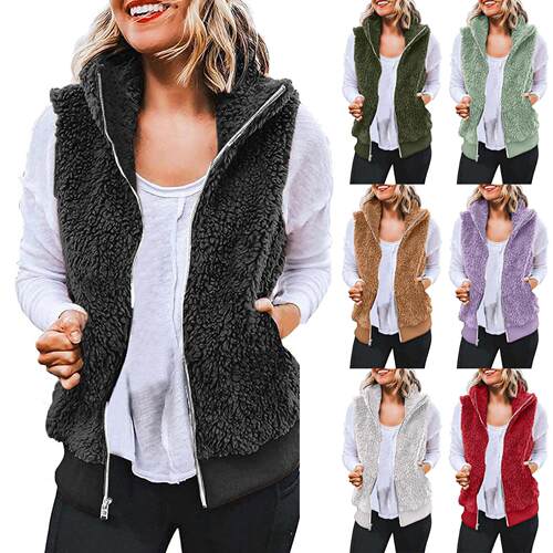 Vest plush stand up collar sleeveless zipper lightweight