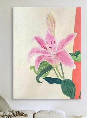 北欧奶油风手绘油画客厅粉色百合花卉装饰画玄关抽象小众艺术壁画