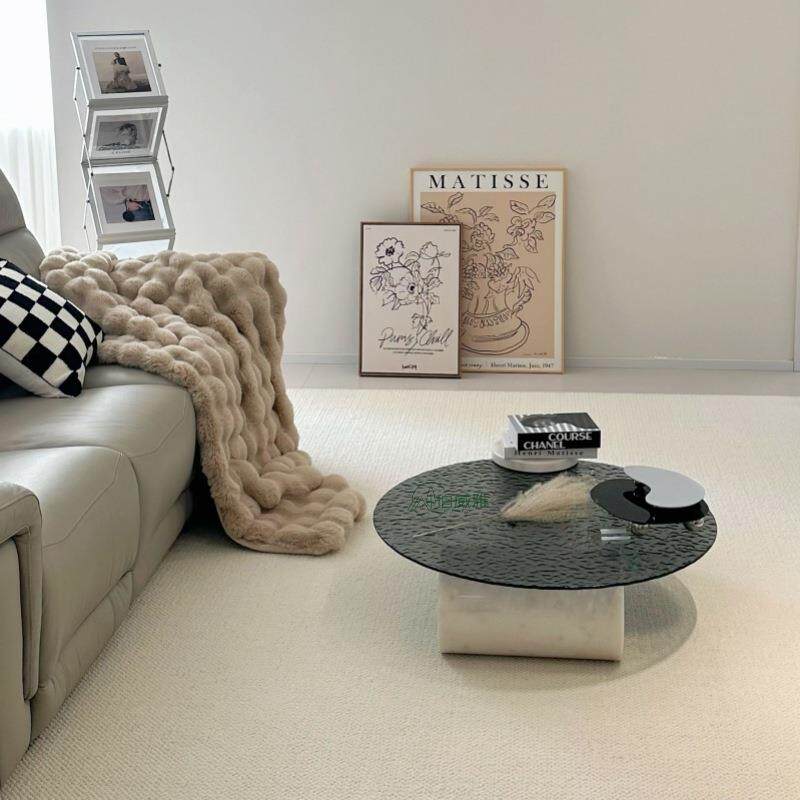 新款直销意式极简天然大理石客厅圆形钢化玻璃水波纹茶几设计师创