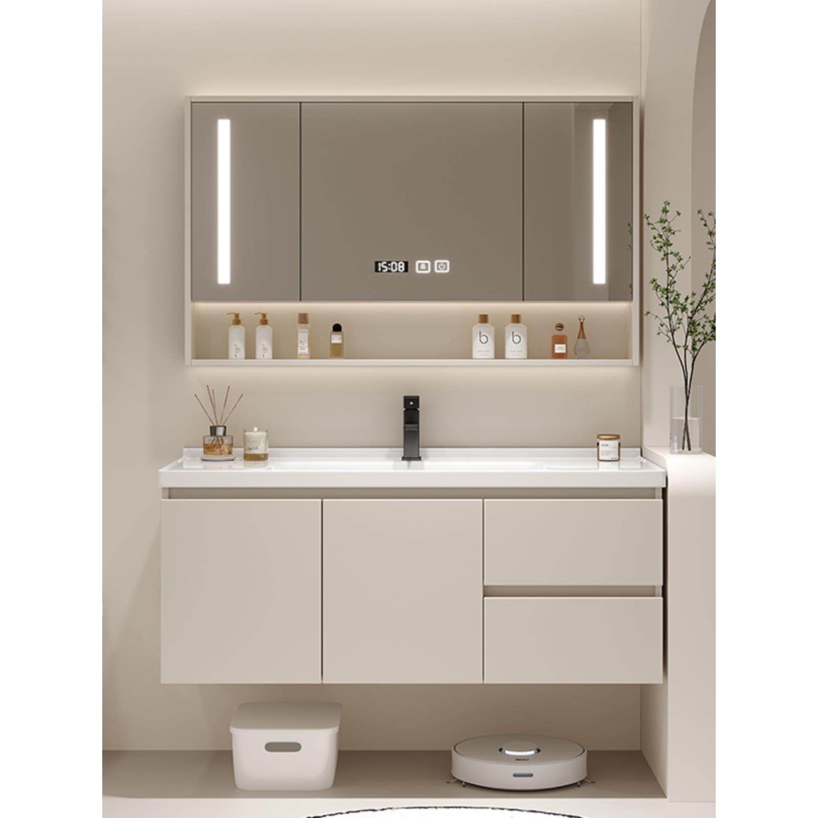 奶油色陶瓷一体盆浴室柜组合实木卫生间洗脸盆洗手盆洗漱台洗手台,家装主材,浴室柜组合,淘宝优惠券,粉丝福利购,淘宝优惠卷