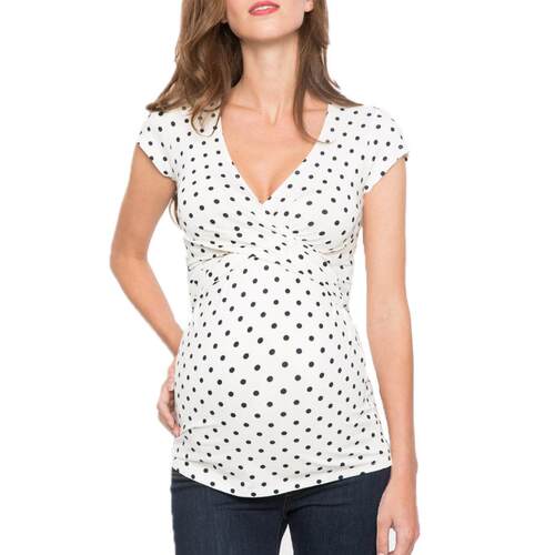 Cross neck shirt with polka dot print short sleeved top on
