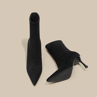 Cozyroom尖头高跟鞋短靴女式细高跟鞋麂皮弹力修身靴裸靴女式秋冬