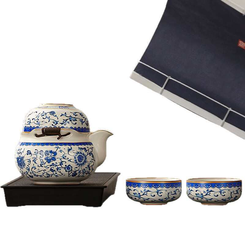 旅行茶具套装2025新款青花汝窑茶杯茶壶一人饮户外便携式包快客杯