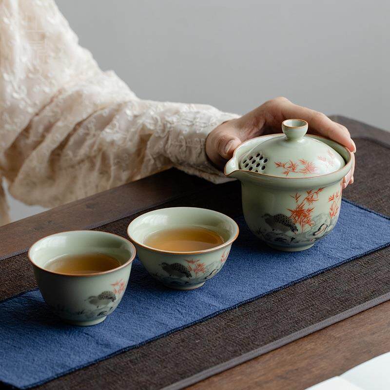山鼎秘黄汝窑一壶两杯旅行茶具家用陶瓷便携式户外茶具手抓壶茶杯