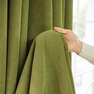 定制布艺抹茶绿人字纹提花窗帘布雪尼尔窗帘高遮光窗帘成品布料