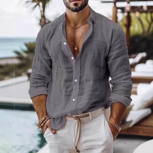 Men's cotton linen shirt style long sleeved shirt