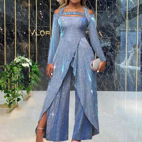 Sexy Sequin Long Dress with Slanted Front MidWaist Elegant