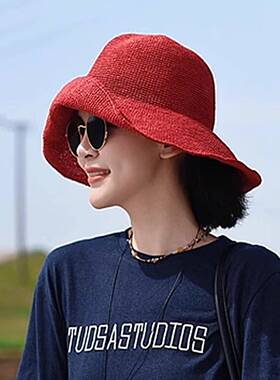 日系红色手工细钩针草帽子女夏季可折叠大帽簷显脸小渔夫帽0509e