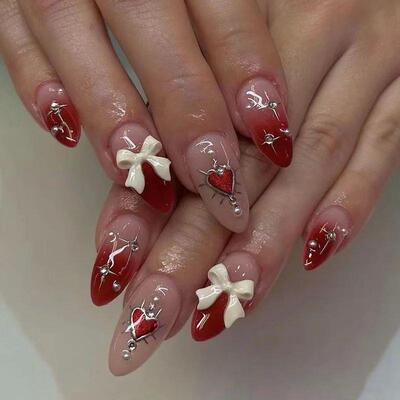 Simple Stiletto French Fake Nails for Valentines Day Almond
