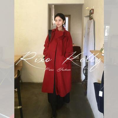 RIXO STREET法式时尚新年圣诞红高级感中长款气质围巾领毛呢外套