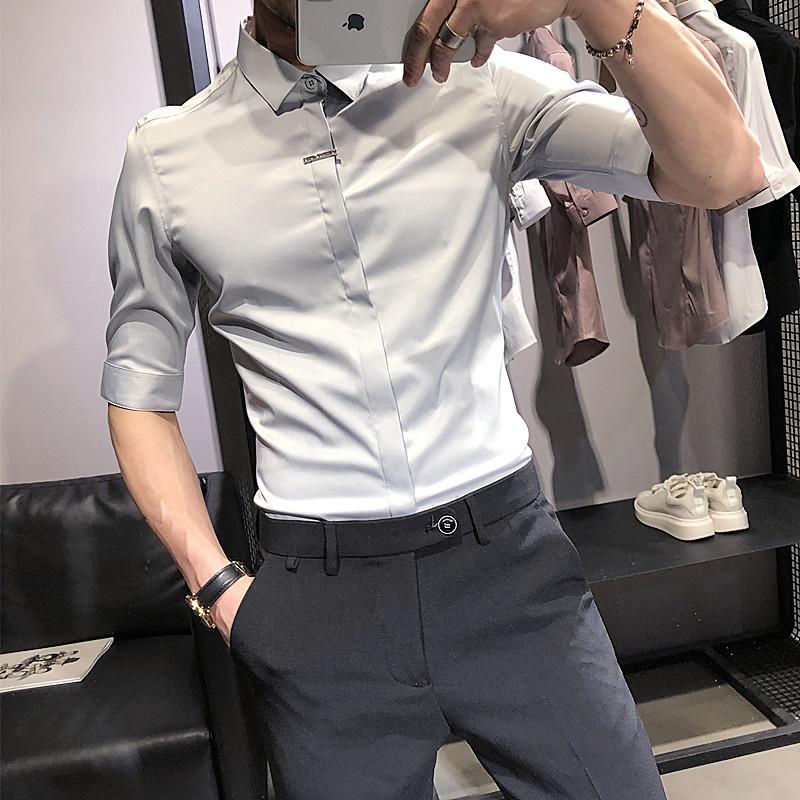 LL男装衬衫男短袖高级感2025年新款夏季薄款冰丝修身五分袖发型师