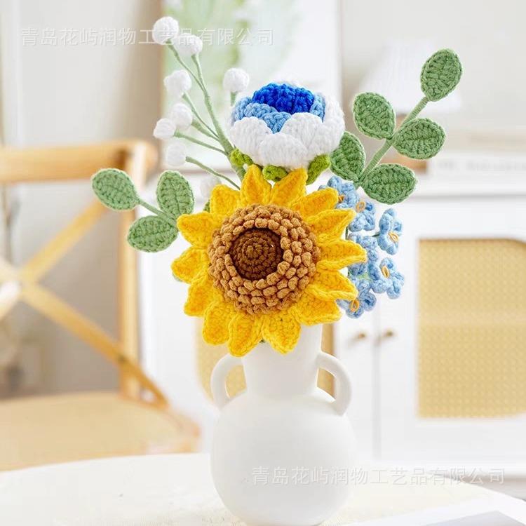 新款仿真花葵、手工钩织毛线花籽带向日玫瑰品带成花瓶桌面摆件