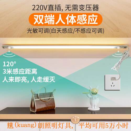 人体感应灯带220v带插头插电式超薄led鞋柜衣柜进门玄关过道线 线