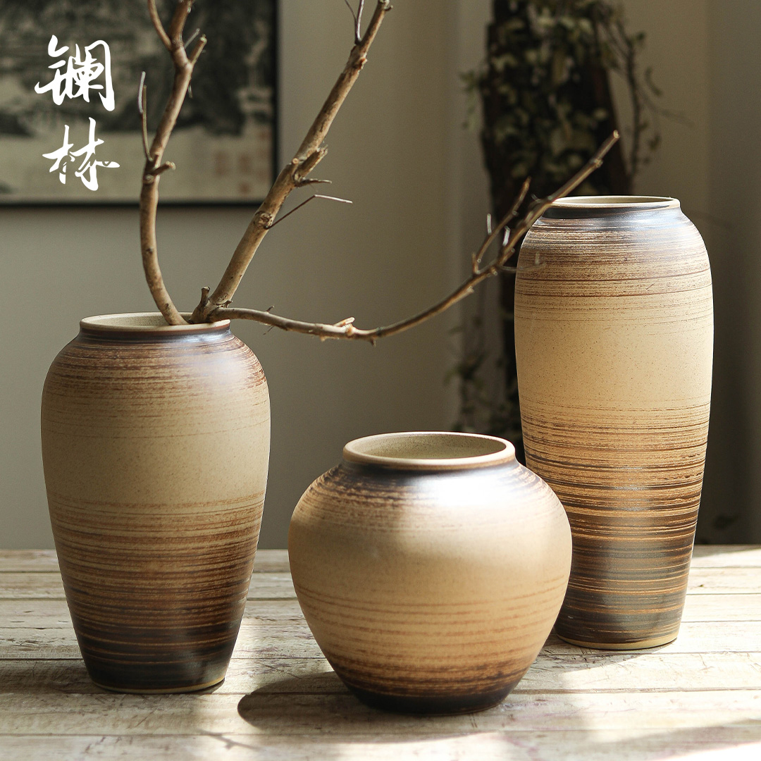 复古手工陶瓷插花瓶子酒店民宿家居装饰摆件禅意侘寂风田园粗陶罐