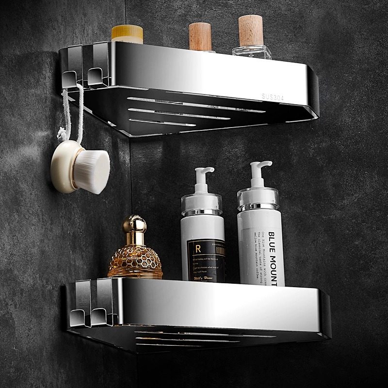 304不锈钢浴室置物架免打孔卫生间淋浴房墙上壁挂式三角篮收纳架