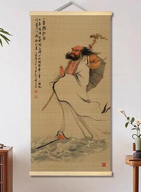 达摩钟馗中式竹帘挂画玄关挂画茶室竹挂画客厅背景墙装饰画玄关画
