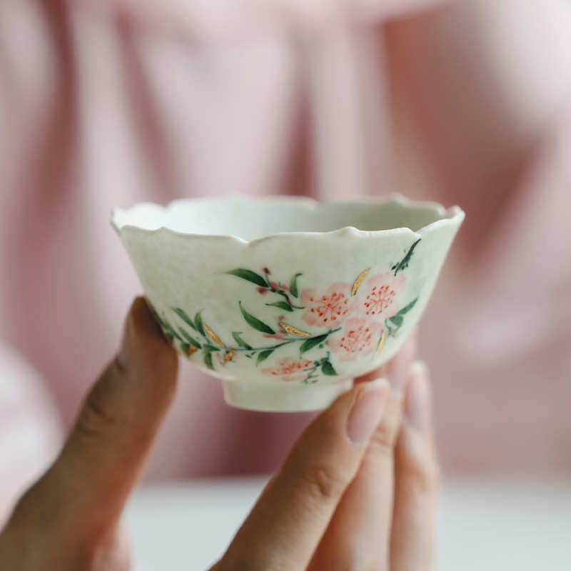 岩矿白描金纯手绘桃花陶瓷小茶杯带杯垫不烫手家用品茗杯单杯