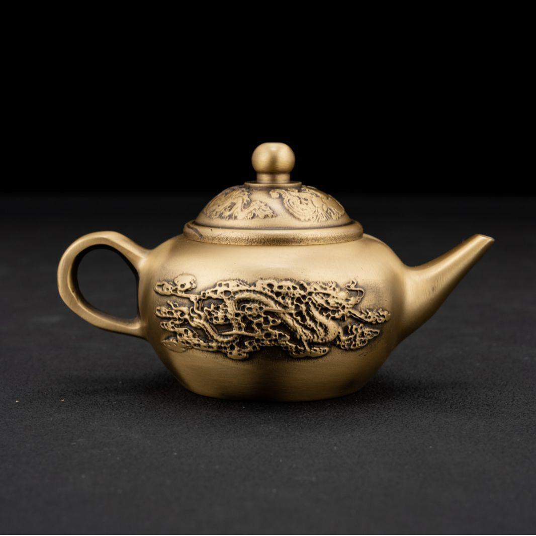 黄铜手把壶迷你小茶壶龙凤茶壶做旧仿古金属装饰品茶道中式摆件