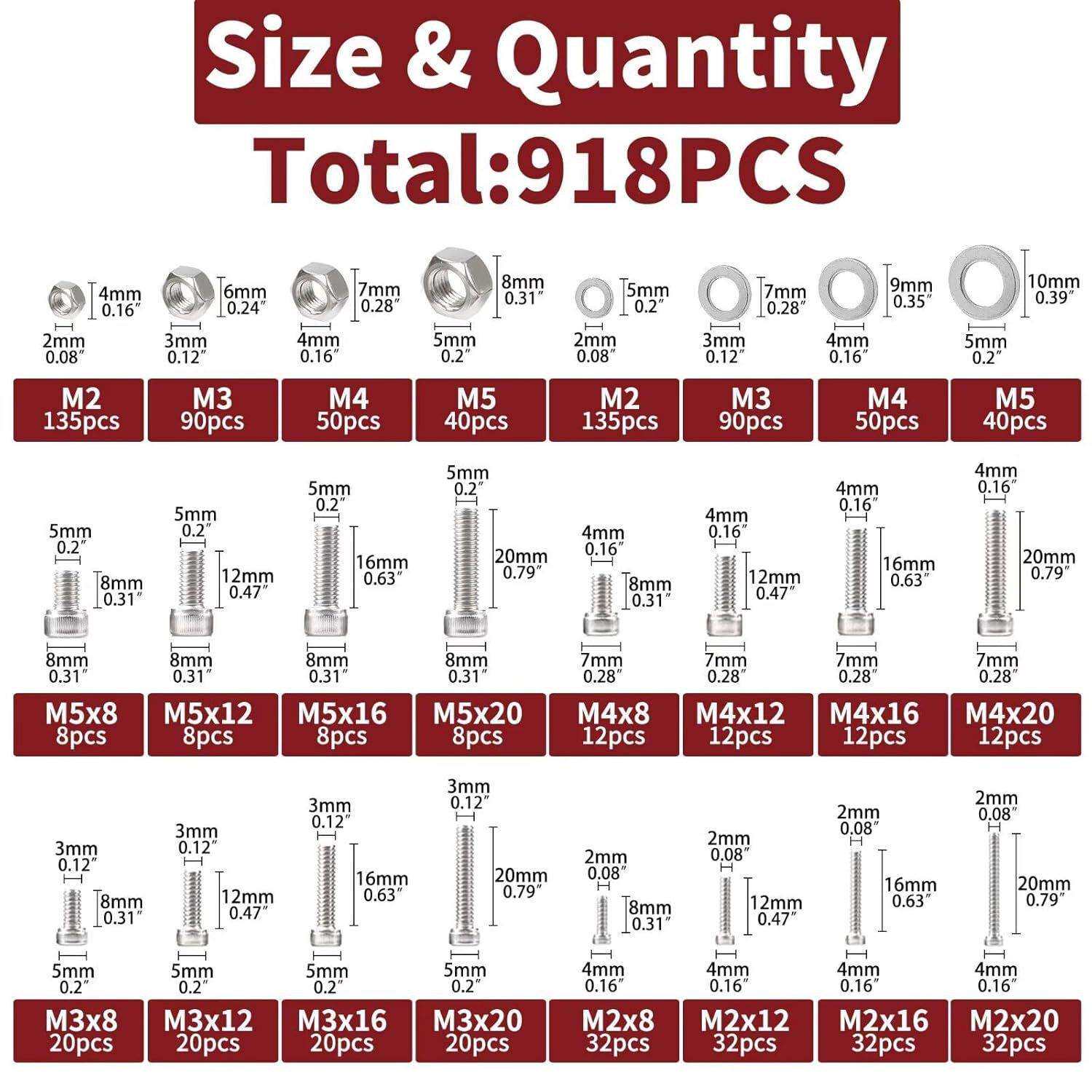 跨境918pcs/盒304不锈钢杯头螺丝公制螺栓螺母平垫圈套装M2M3M4M5