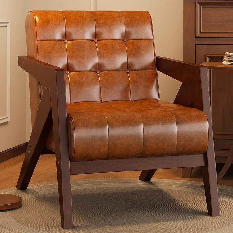 实木懒人沙发中古风单人沙发椅阳台客厅休闲家用