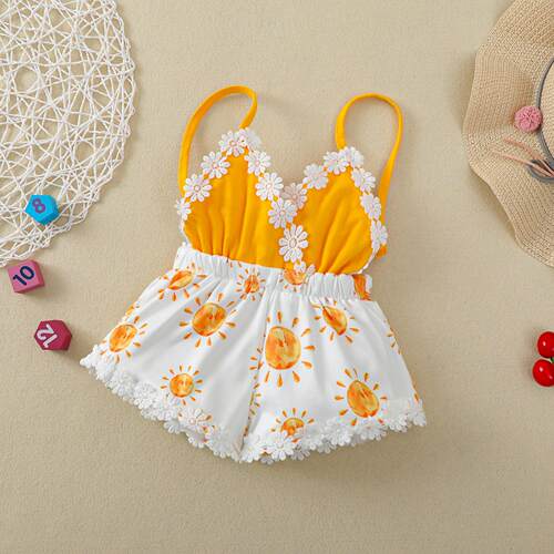 Girls' yellow little sun flower camisole jumpsuit with