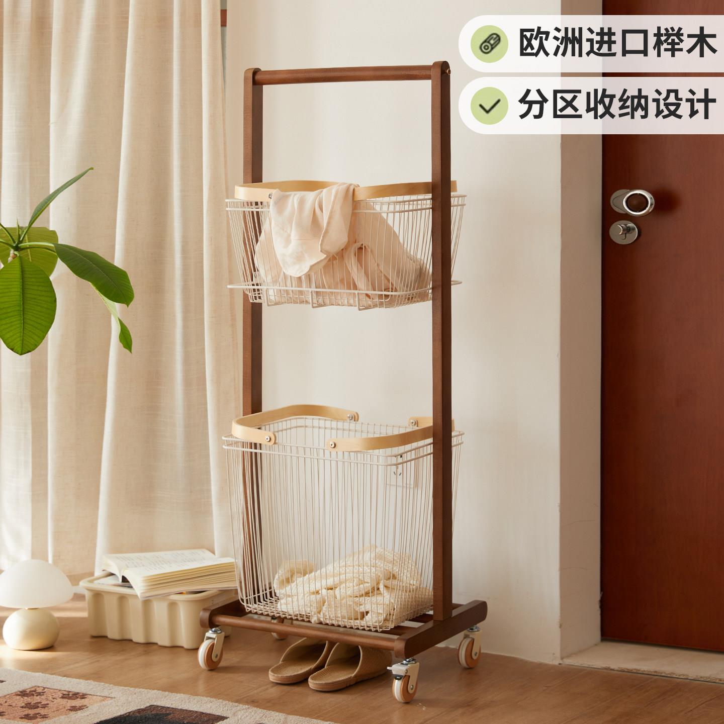 实木脏衣篓可移动落地式家用移动推车衣服收纳筐卧室脏衣篮洗衣篓