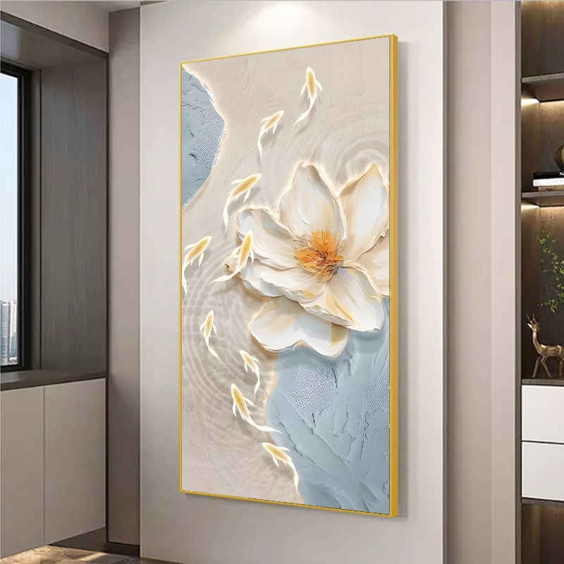 九鱼图玄关装饰画轻奢花卉荷花入户正对门墙壁画现代走廊过道挂画图片