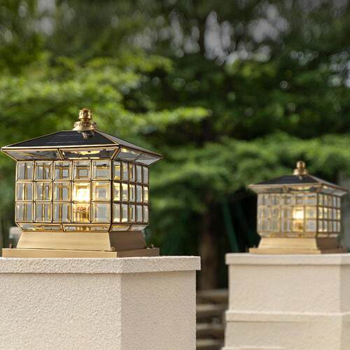 欧式太阳能庭院柱头灯全铜户外别墅大门柱灯围墙庭院柱子灯接电款