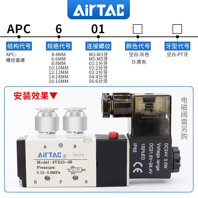 亚德客电磁阀气动螺纹直通气管快速接头APC6 8 10 12-M5 01 02 03