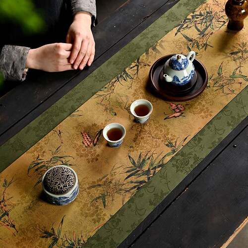 防水织锦茶席轻奢桌布棉麻布艺中国风茶旗垫子新中式桌旗禅J^