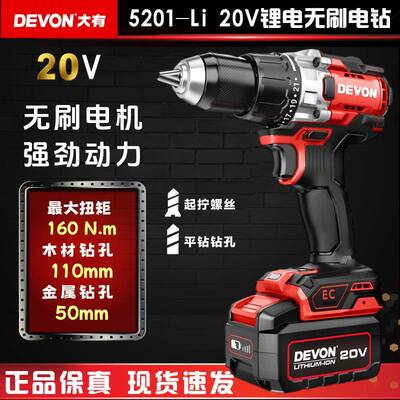 大有（Devon） 20v锂电无刷电钻5201冰钓钻160Nm超大扭力手电钻
