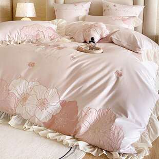 小清新全棉长绒棉四件套花卉贴布绣纯棉花边被套公主床品