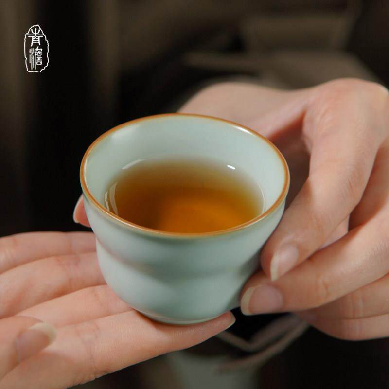 青澹汝窑葫芦杯主人杯单杯陶瓷手工品茗杯青瓷景德镇汝瓷小号茶杯