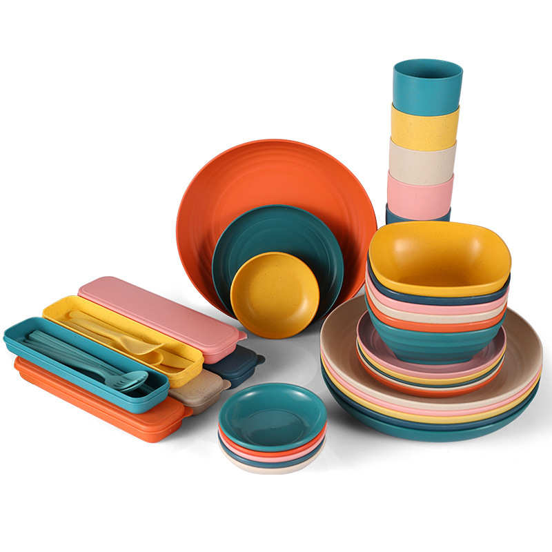 小麦秸秆餐具盘碗碟杯 6人份家用学生刀叉勺筷户外餐具套装