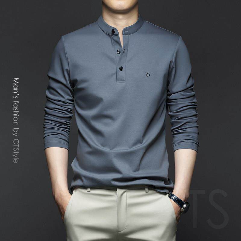 春季男士纯棉立领长袖T恤丝光棉冰丝打底衫2025男装春装上衣新款