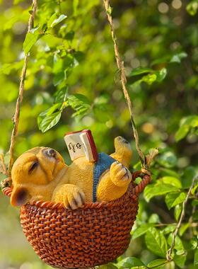 花园户外装饰卡通动物秋千兔树脂狗狗摆件庭院阳台树上田园风挂件