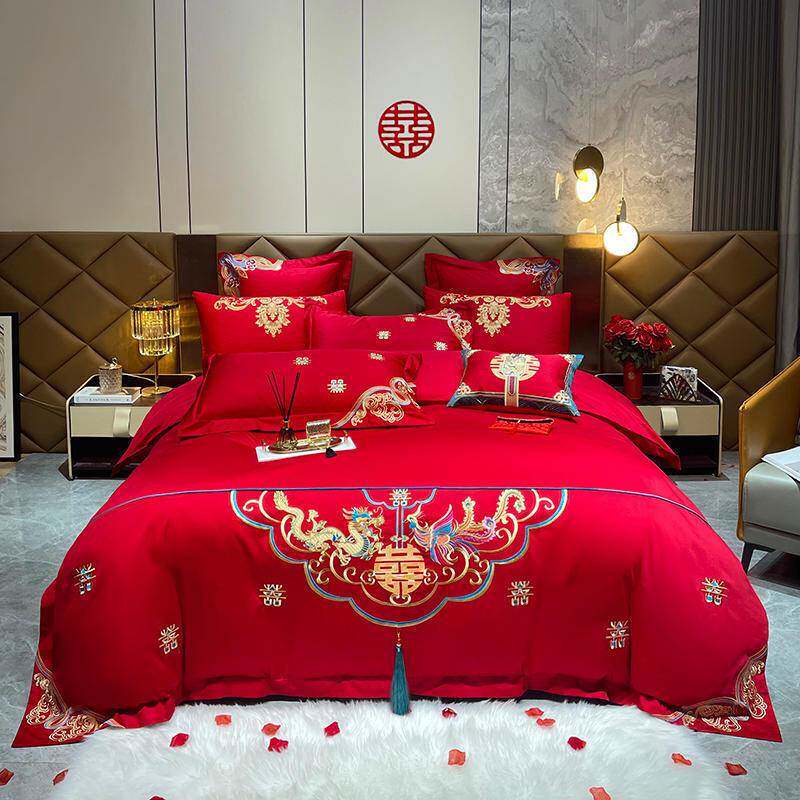 新婚快乐、中国风纯棉刺绣大红色婚庆四件套六八十多件套结婚婚床