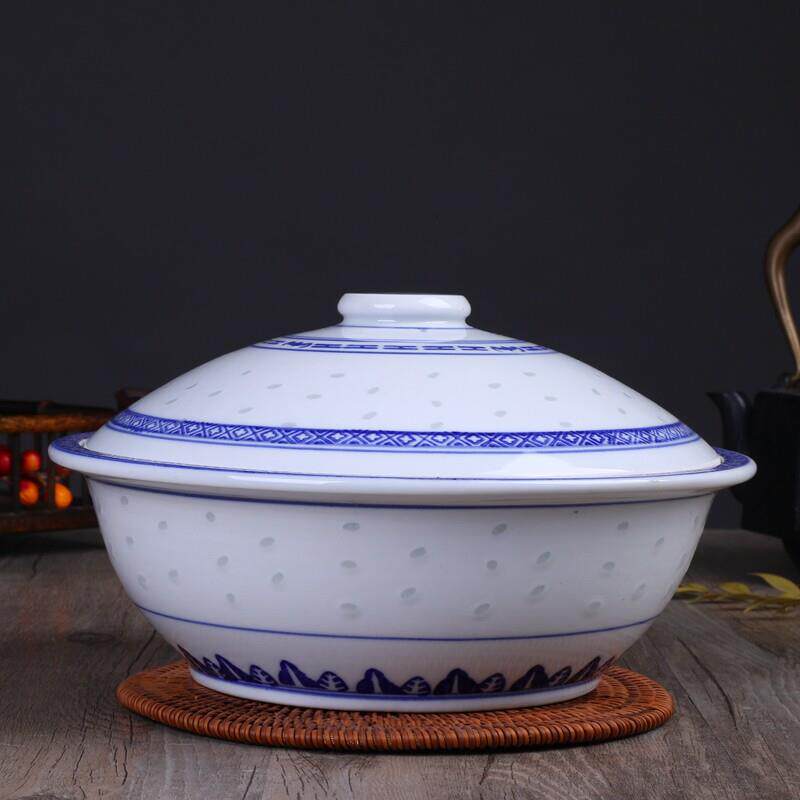 青花瓷汤碗带盖家用大号品锅 景德镇中式复古餐具 釉下彩10英寸碗