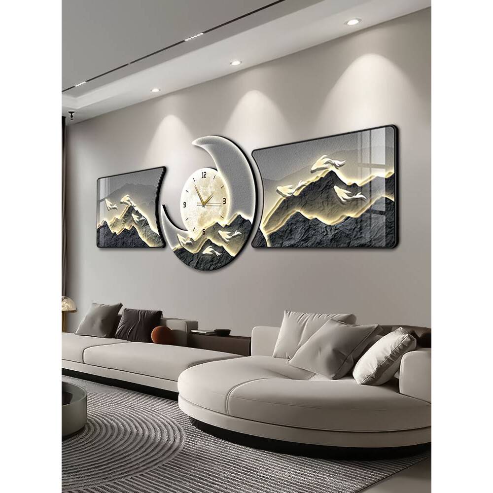 客厅三联画轻奢大气九鱼图沙发背景墙装饰画静音钟表挂钟高档挂画