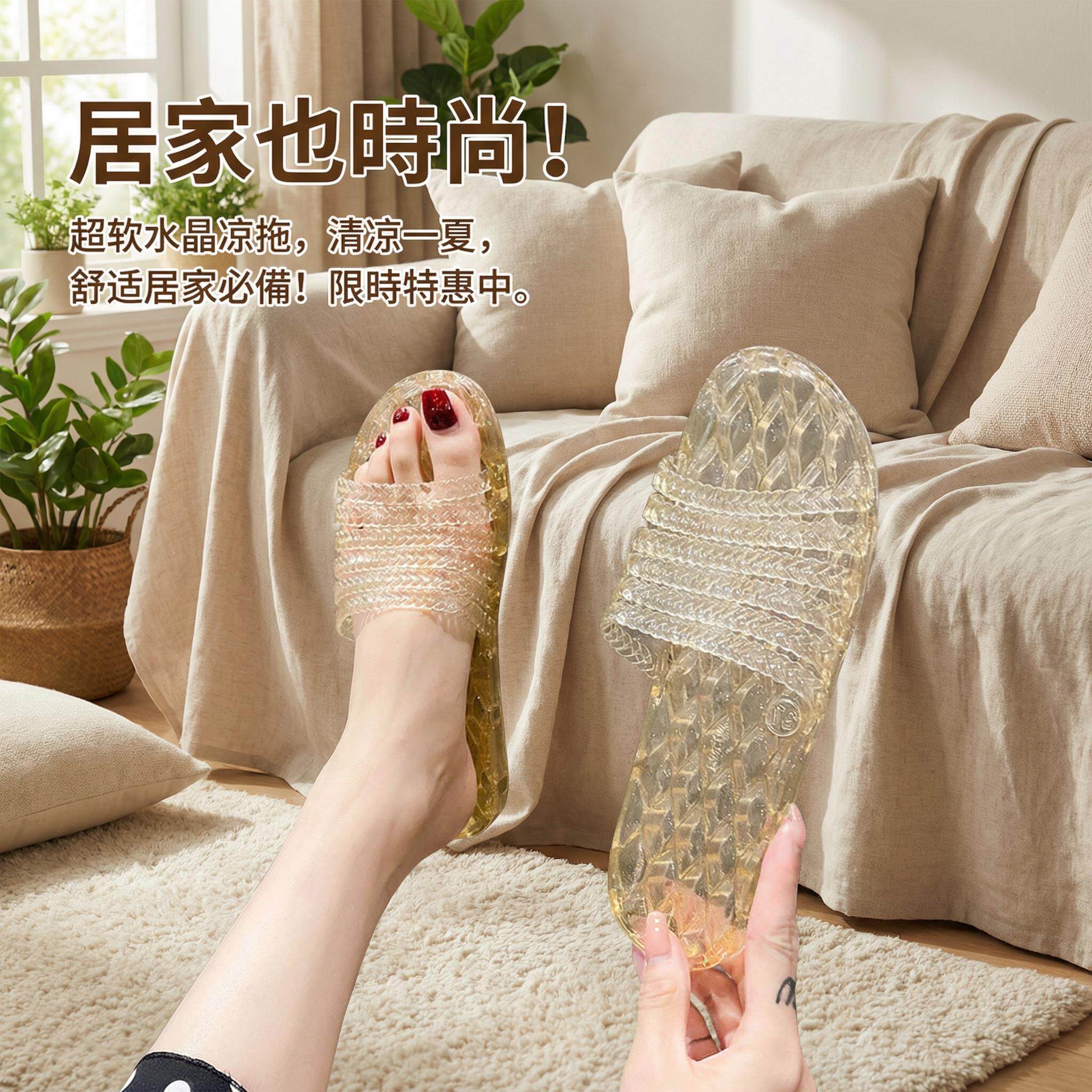 夏季新款水晶拖鞋女凉拖家用洗澡防滑防臭一字拖舒适透明凉拖鞋女