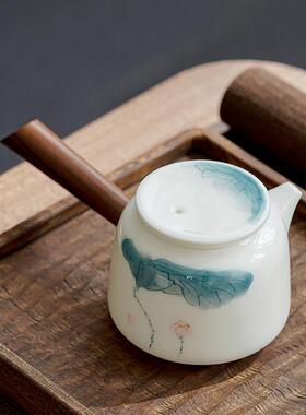 瓷羊脂玉白瓷侧木把壶陶泡功夫茶壶日式手绘荷QD-T9115花单壶实侧