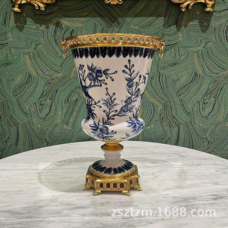 欧式复古铜配瓷花瓶花器花插工艺品摆设美式客厅餐厅玄关装饰品